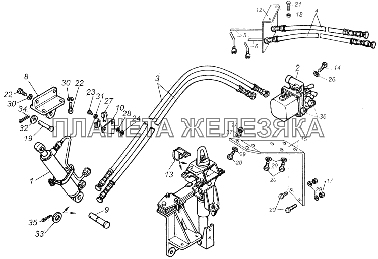 Установка цилиндра и трубопроводов опрокидывающего механизма кабины и ДЗК КамАЗ-4326 (каталог 2003г)