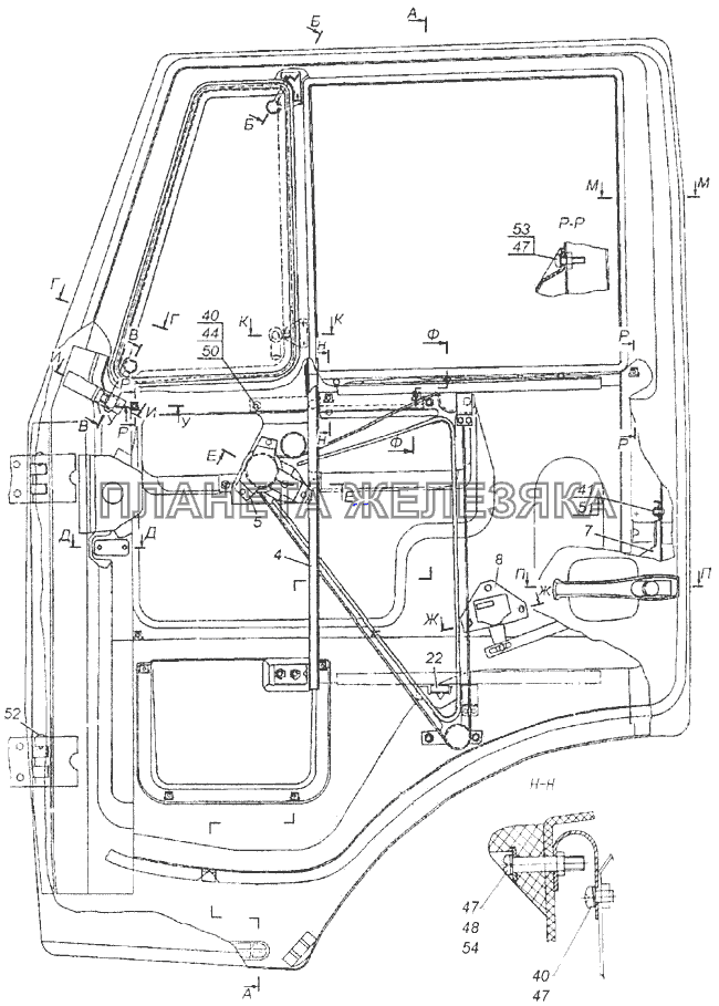 Установка стекол и арматуры двери правая КамАЗ-4326 (каталог 2003г)