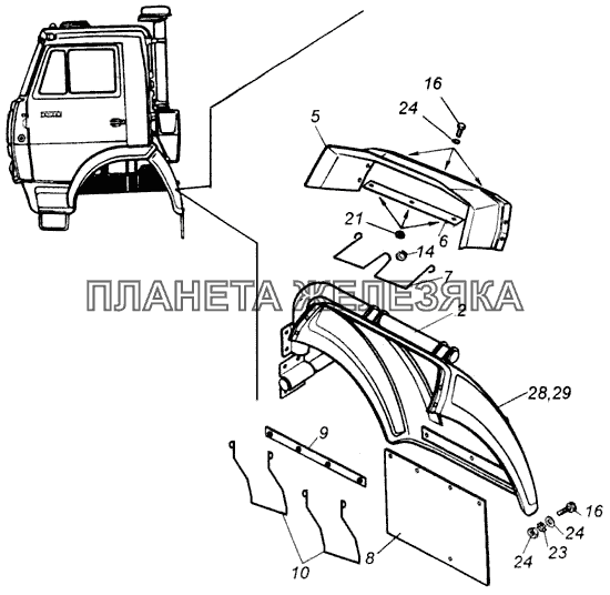 Установка задней части переднего крыла левая КамАЗ-43118