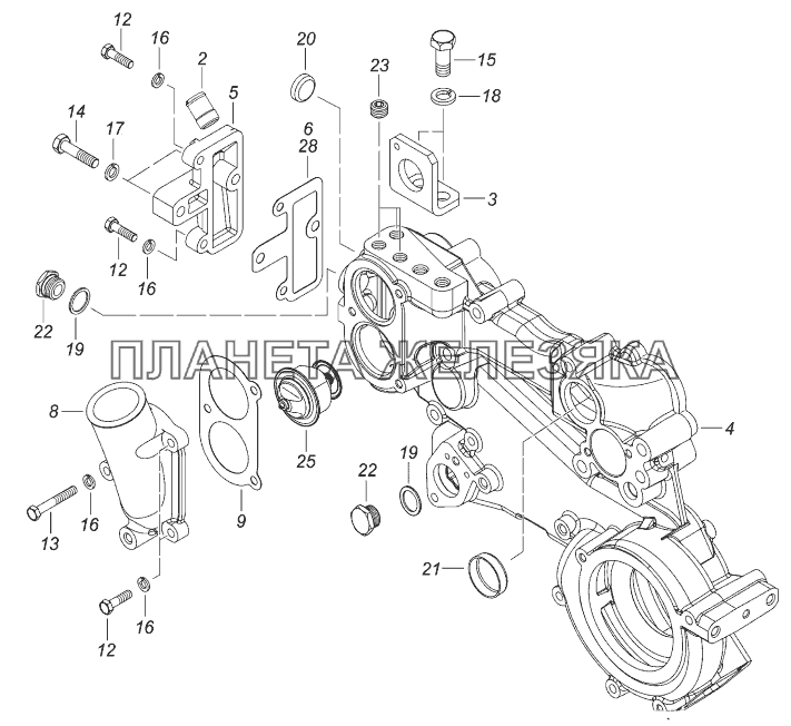 740.63-1303010-30 Корпус водяных каналов с термостатами КамАЗ-43118 (Евро 4)