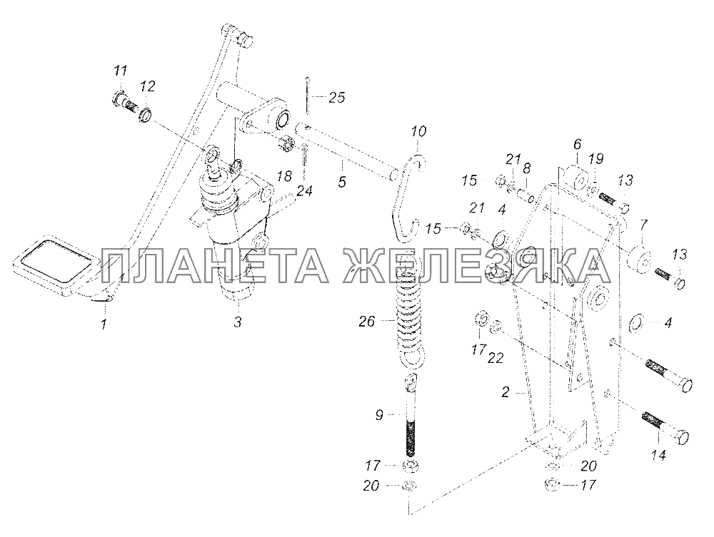 6520-1602008 Педаль сцепления с кронштейном и главным цилиндром КамАЗ-43253 (Часть-1)