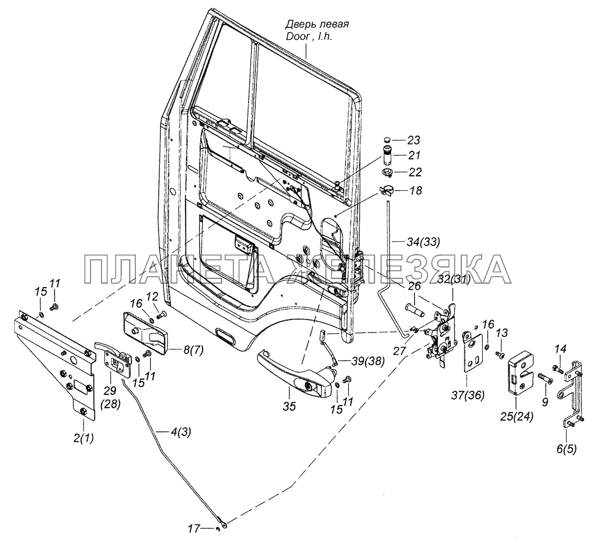 65115-6105011 Установка замков и ручек двери левая КамАЗ-43253, 43255 (Евро-4)