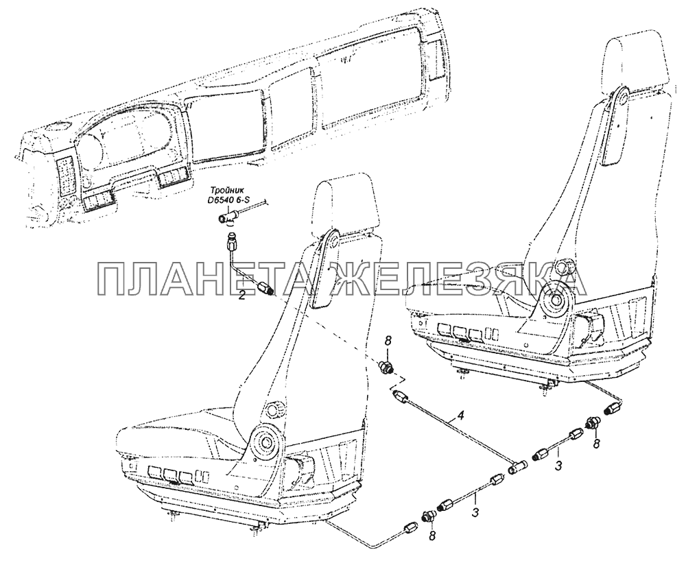 6460-6800900-02 Схема подключения пневмосистемы сидений КамАЗ-43253, 43255 (Евро-4)