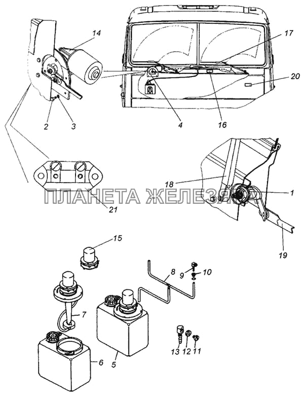 Стеклоочиститель и его привод. Насос водяной очистки стекла КамАЗ-4326