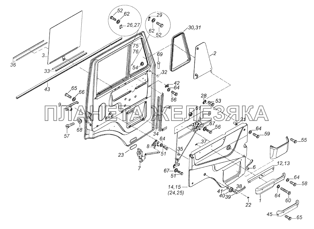 53205-6100005 Установка стекол и арматуры двери левой КамАЗ-43261 (Евро-1, 2)