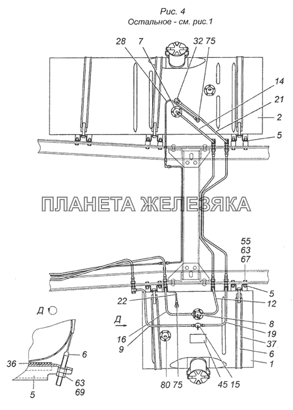 5Э6350-1100001 Установка топливных баков, фильтра грубой очистки топлива (ФГОТ) и топливопроводов КамАЗ-6350 (8х8)