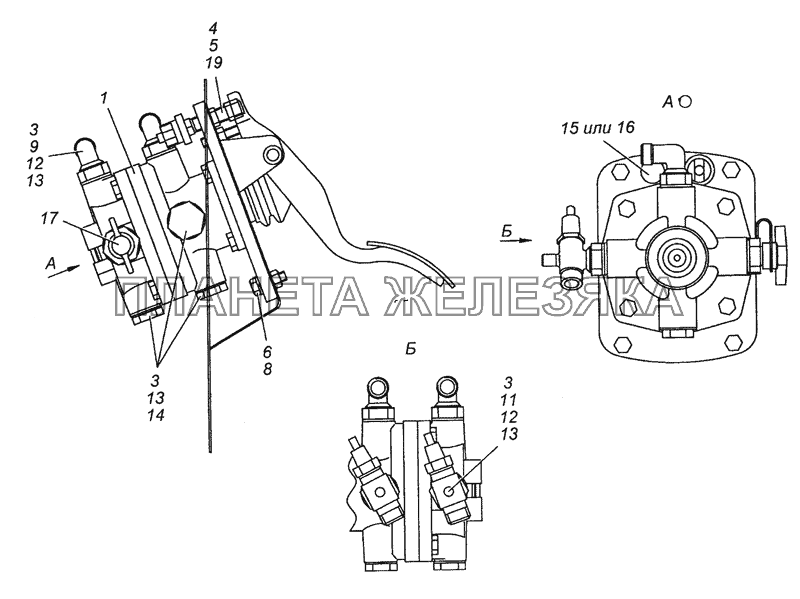 6520-3500014 Установка двухсекционного тормозного крана КамАЗ-63501 8х8