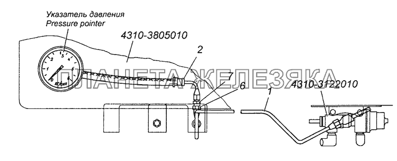 4310-3816001 Установка трубопроводов к шинному манометру КамАЗ-6450 8х8