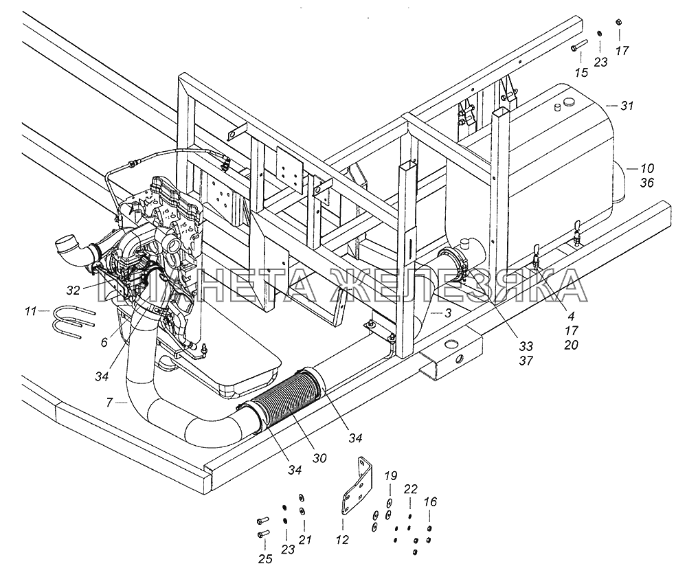 52974-1200002 Установка системы выпуска Шасси КамАЗ-52974