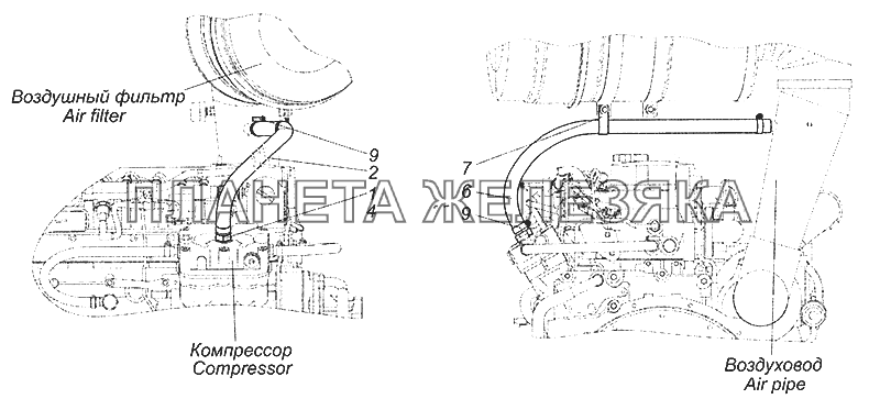 52974-3509001 Установка подвода воздуха к компрессору тормозов Шасси КамАЗ-52974