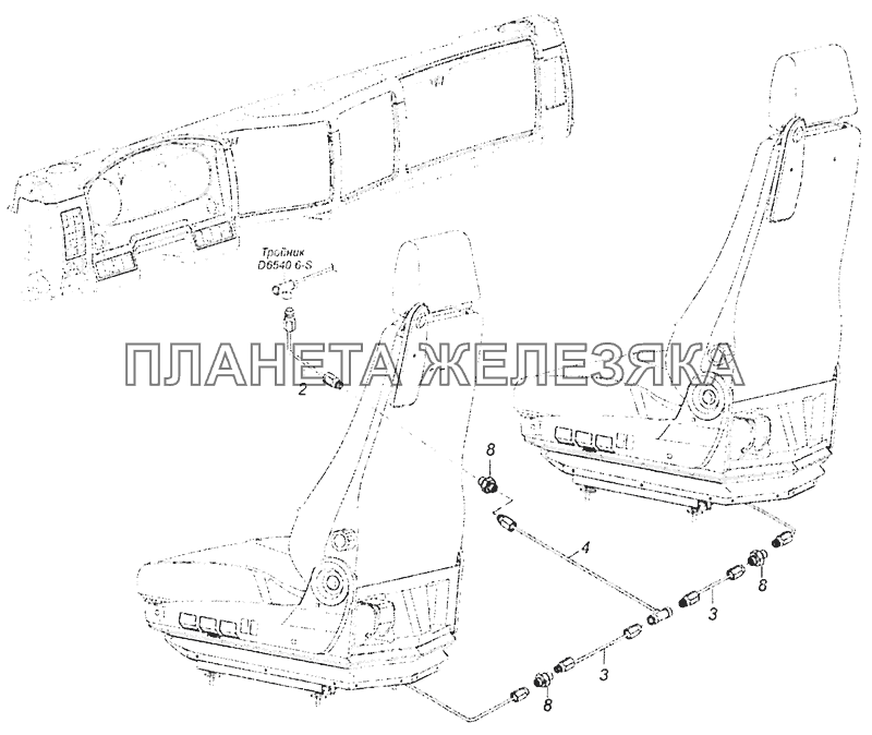 6460-6800900-02 Схема подключения пневмосистемы сидений КамАЗ-5308 (Евро 3)