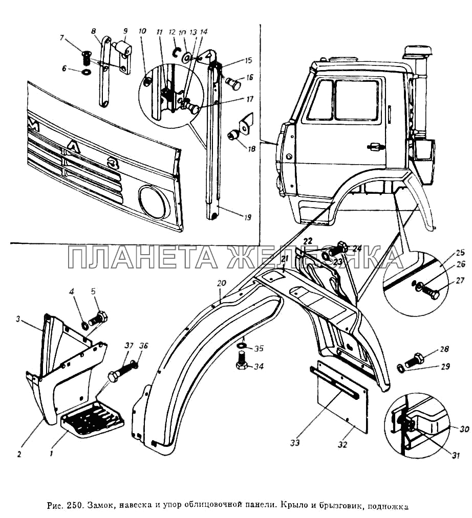 Замок, навеска и упор облицовочной панели. Крыло и брызговик, подножка КамАЗ-55102