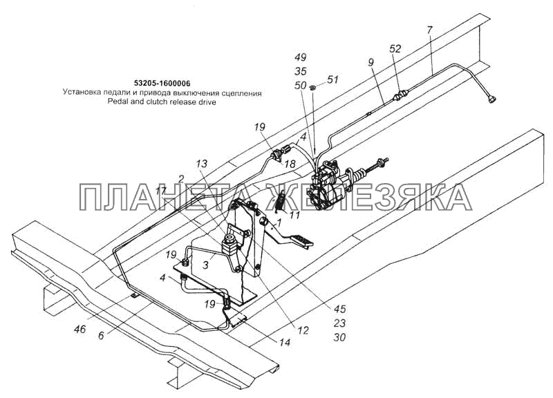 Установка педали и привода выключения сцепления КамАЗ-53228, 65111
