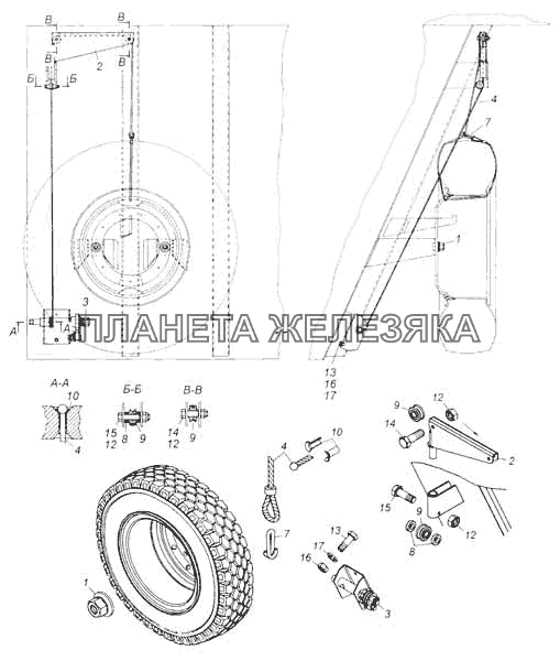 Установка запасного колеса КамАЗ-53228, 65111