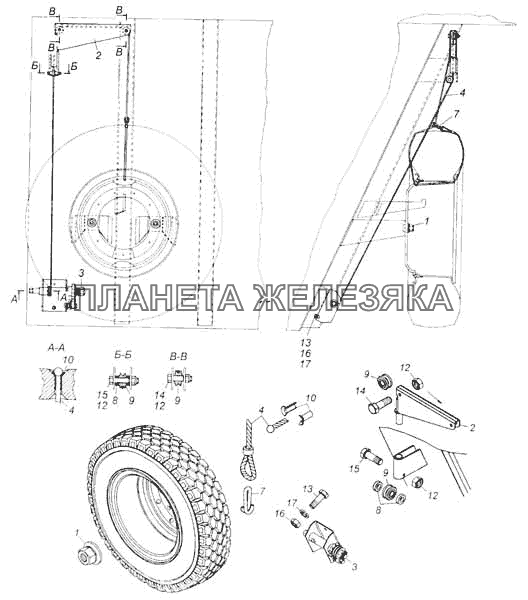 Установка запасного колеса КамАЗ-53228, 65111