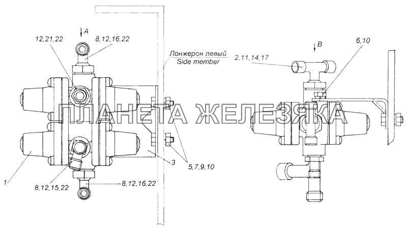 Установка четырехконтурного защитного клапана КамАЗ-53228, 65111