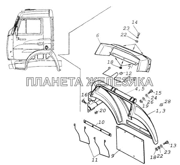 Установка задней части переднего крыла правая КамАЗ-53228, 65111