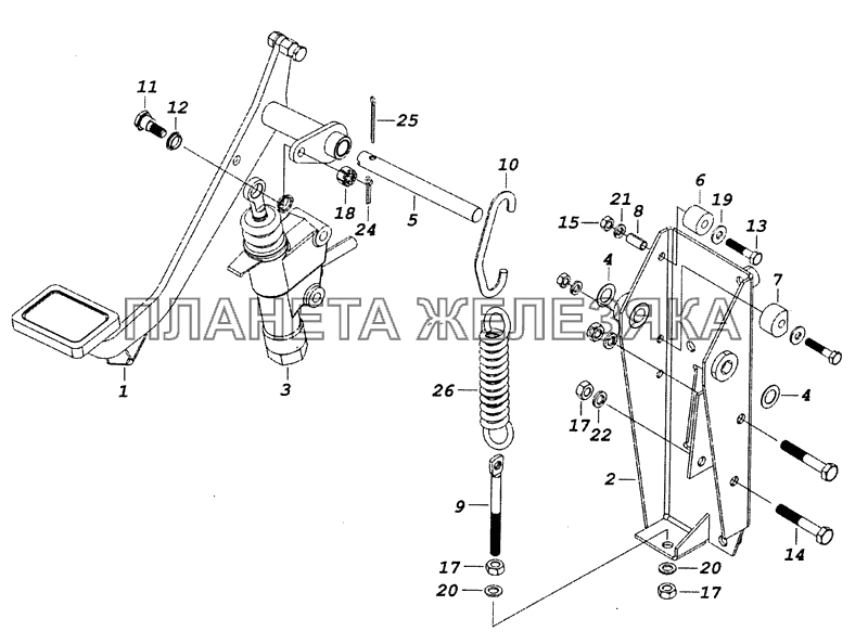 6520-1602008 Педаль сцепления с кронштейном и главным цилиндром КамАЗ-53229 (Евро 2)