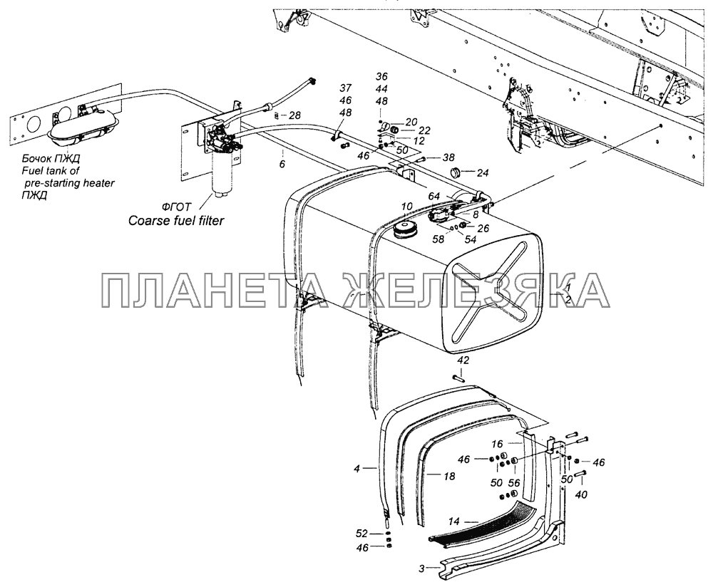 53605-1100060 Установка топливного бака и топливопроводов КамАЗ-53605 (Евро-4)