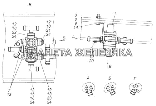 Установка четырехконтурного защитного клапана КамАЗ-5460