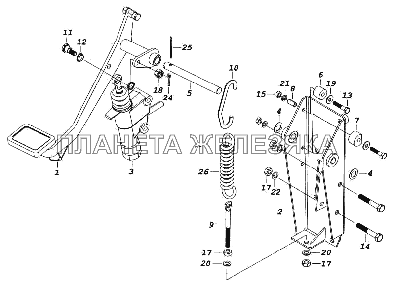 Педаль сцепления с кронштейном и главным цилиндром КамАЗ-5460 (каталог 2005 г.)