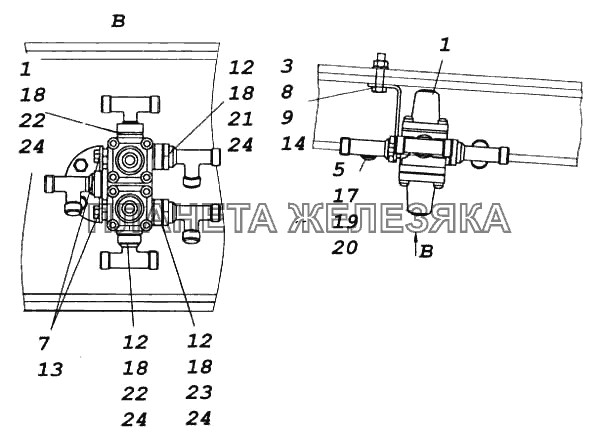 Установка четырехконтурного защитного клапана КамАЗ-5460 (каталог 2005 г.)