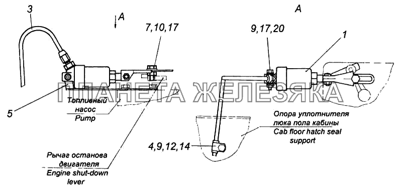 Установка цилиндра выключения подачи топлива КамАЗ-5460 (каталог 2005 г.)