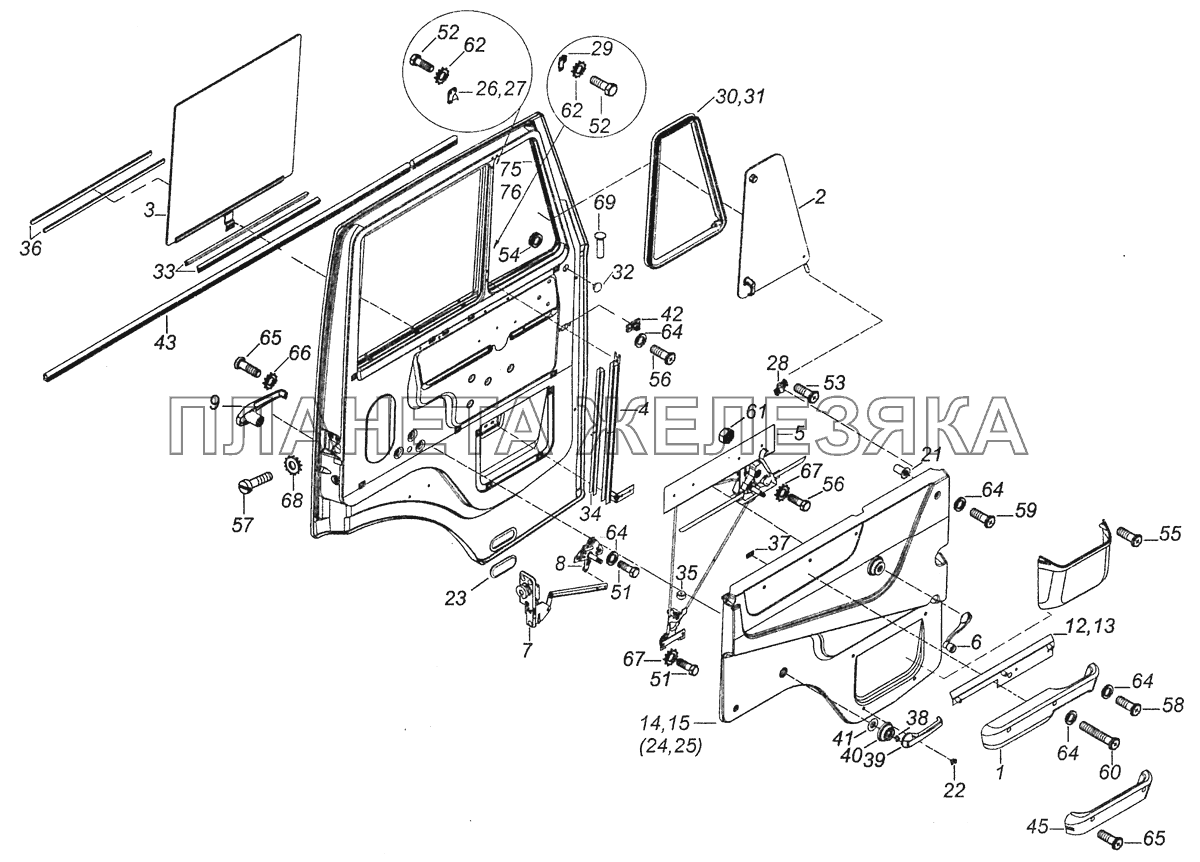 53205-6100005 Установка стекол и арматуры двери левой КамАЗ-6460 (Евро 3, 4)