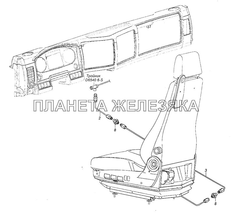 54115-6800900-02 Схема подключения пневмосистемы сидений КамАЗ-65111 (Евро 4)