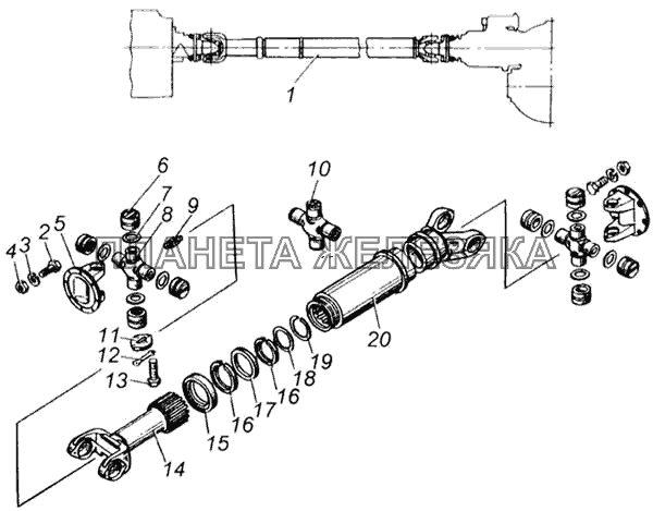 Вал карданный среднего моста с карданами в сборе КамАЗ-65115