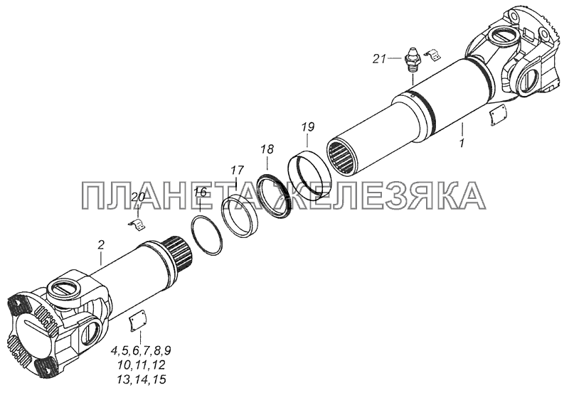 53205-2205011-10 Вал карданный среднего моста КамАЗ-65115 (Евро-3)