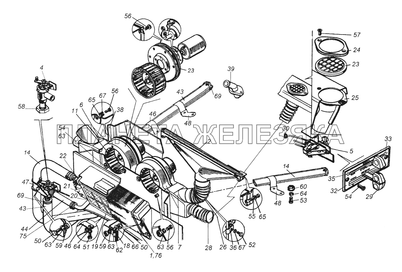 Элементы отопления и вентиляции кабины КамАЗ-65116