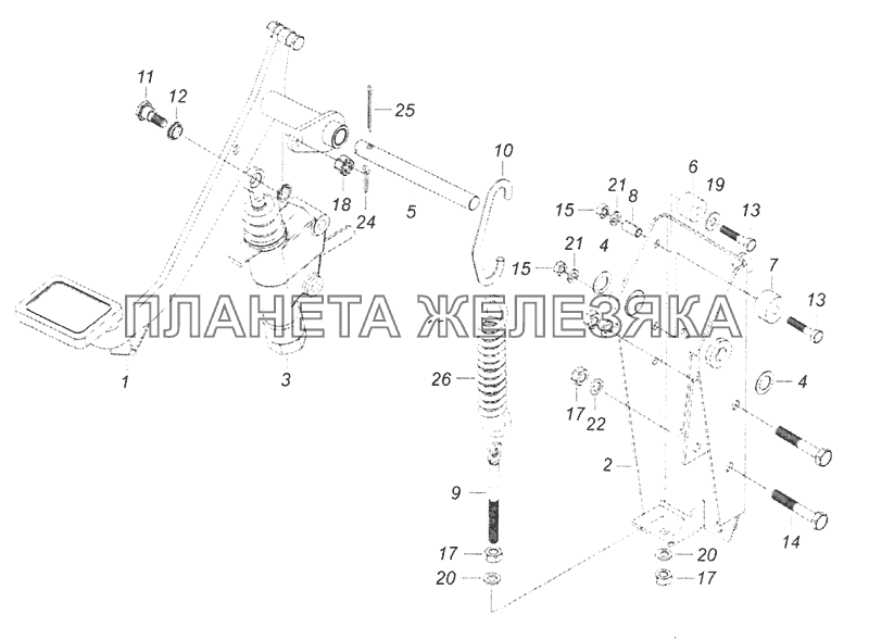 6520-1602008 Педаль сцепления с кронштейном и главным цилиндром КамАЗ-65201 Евро 2-3 6520-1602008 Педаль сцепления с кронштейном и главным цилиндром КамАЗ-65201 Евро 2-3