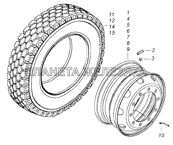 6460-3101711-70 Колесо 9,00x22,5 стальное с шиной КамАЗ-65201 Евро 2-3 6460-3101711-70 Колесо 9,00x22,5 стальное с шиной КамАЗ-65201 Евро 2-3
