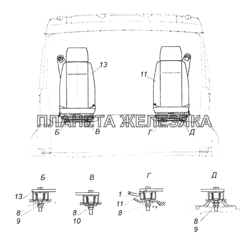 6460-5000120 Установка сидений КамАЗ-65201 Евро 2-3