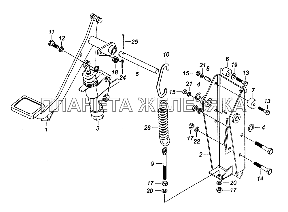 Педаль сцепления с кронштейном и главным цилиндром КамАЗ-65226