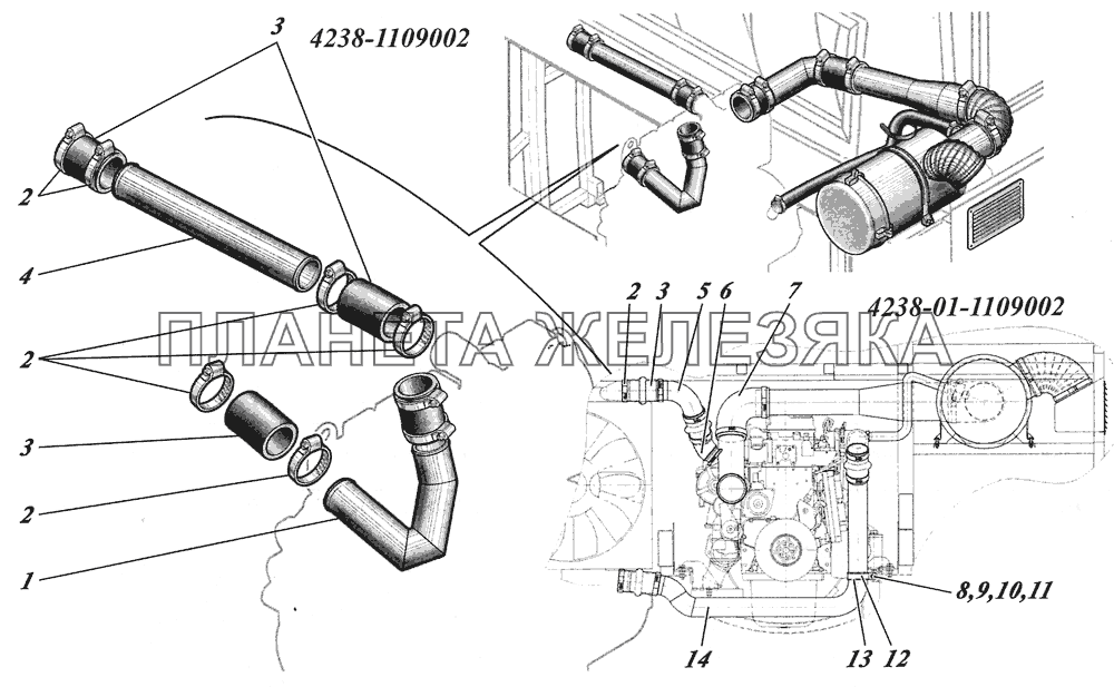  Установка воздушного фильтра и воздуховодов 4238-1109002, 4238-01-1109002 КАВЗ-4238 