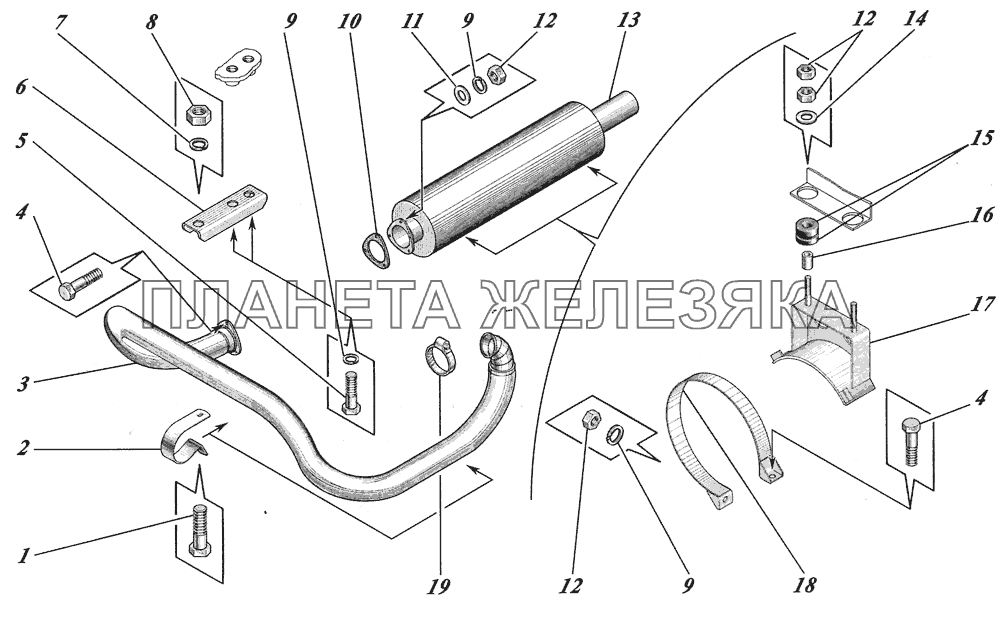  Установка глушителя с трубами 4238-1200002 КАВЗ-4238 