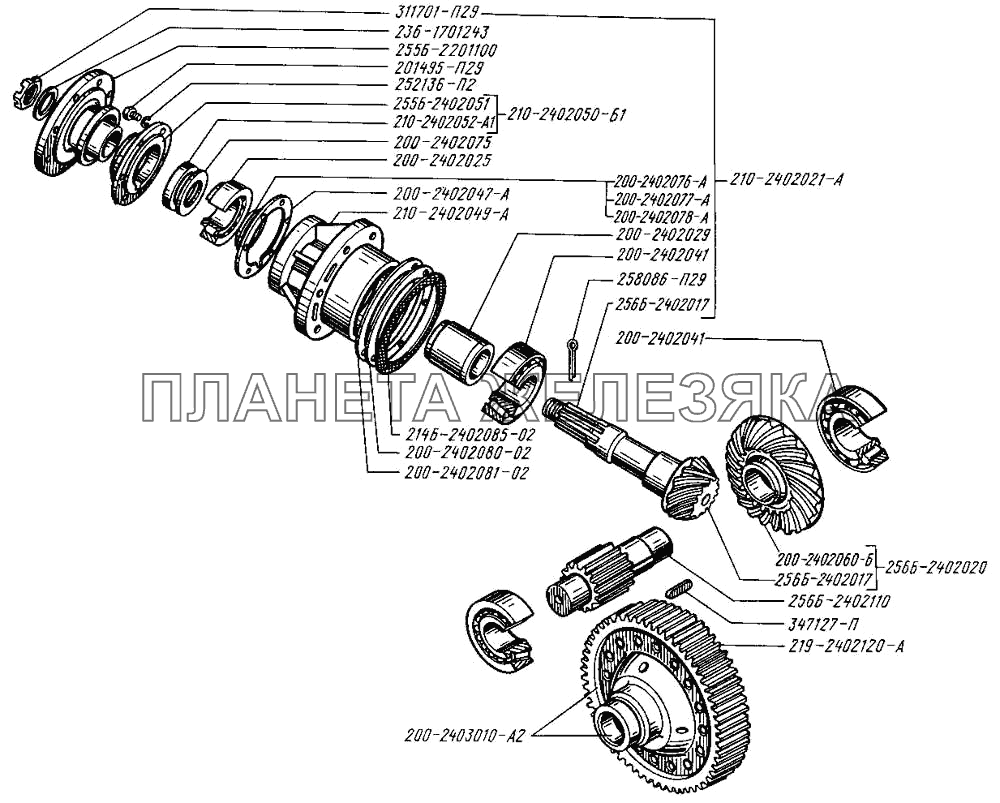 Валы и шестерни редуктора главной передачи переднего моста КрАЗ-255