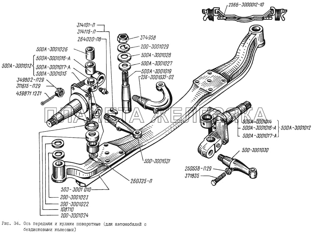 Ось передняя и кулаки поворотные (для автомобилей с бездисковыми колесами) КрАЗ-256