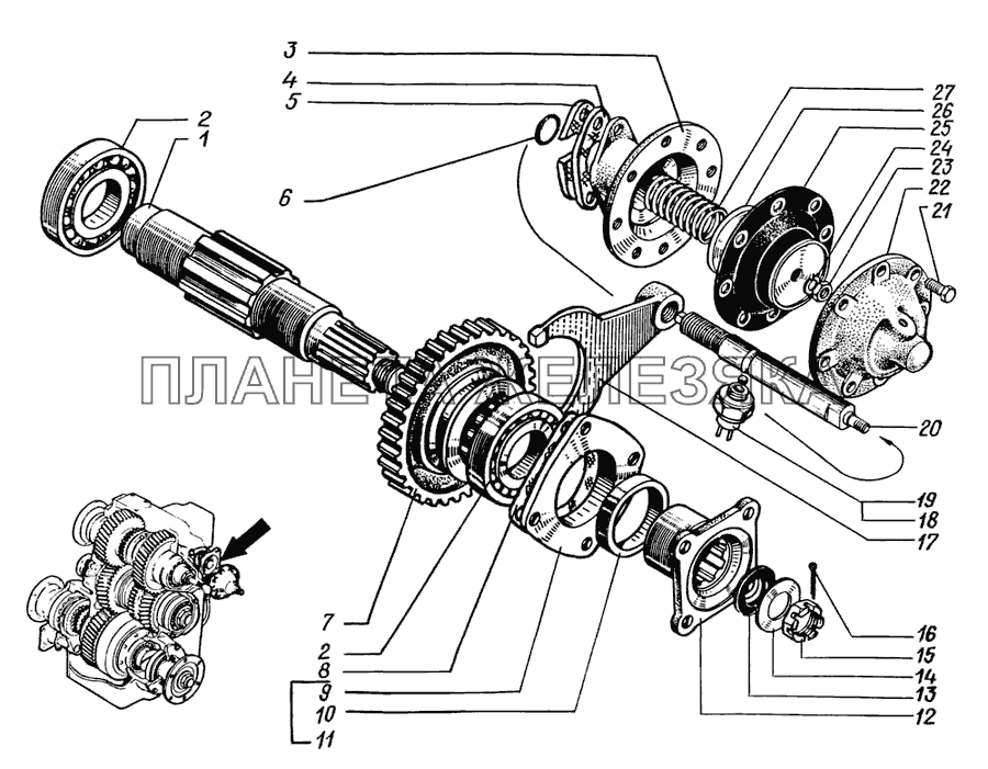 Вал привода отбора мощности и механизм включения КрАЗ-6322 (шасси)