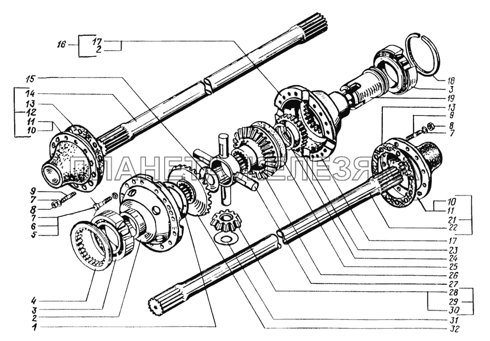 Межколесный дифференциал заднего моста и полуоси заднего моста КрАЗ-6322 (шасси)
