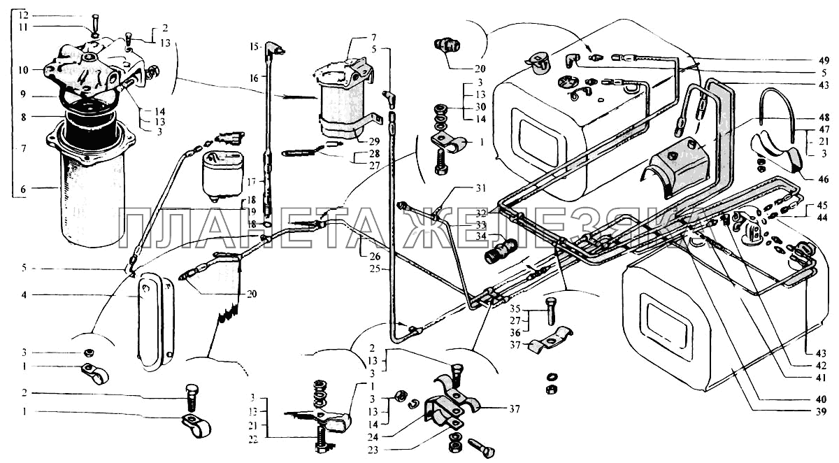 Баки топливные. Топливопроводы. Фильтр грубой очистки топлива КрАЗ-6443 (каталог 2004 г)