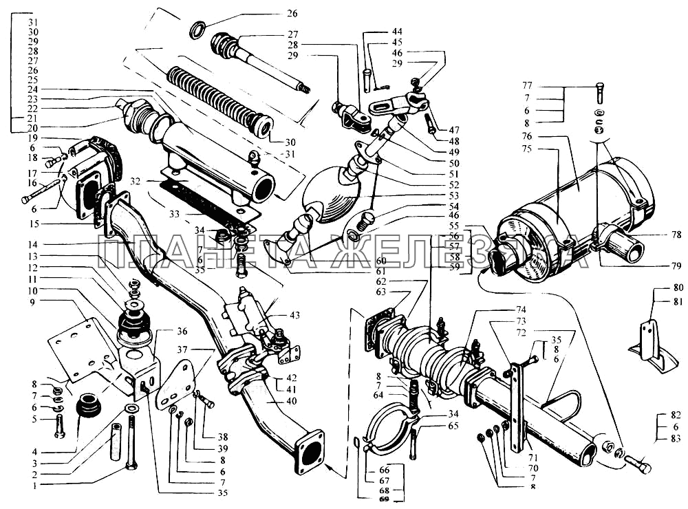 Глушитель. Трубы выхлопные. Вспомогательная тормозная система КрАЗ-6443 (каталог 2004 г)