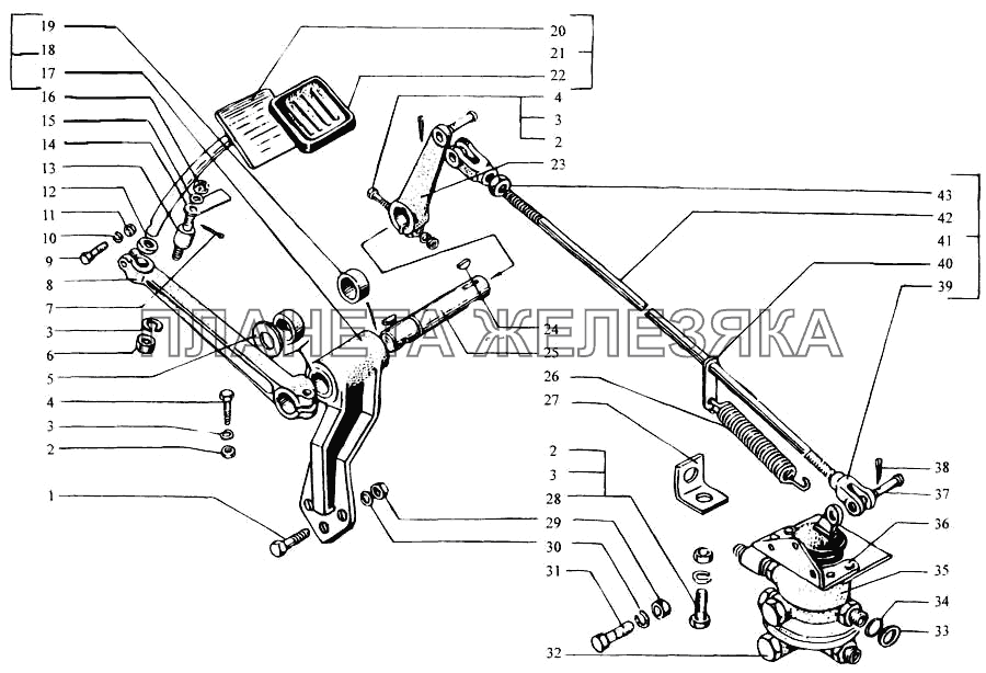 Педаль тормозная и привод управления двухсекционным тормозным краном КрАЗ-6443 (каталог 2004 г)