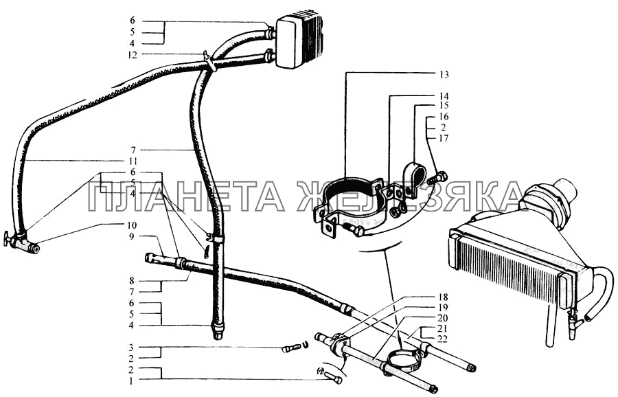 Трубопроводы системы отопления кабины КрАЗ-6443 (каталог 2004 г)