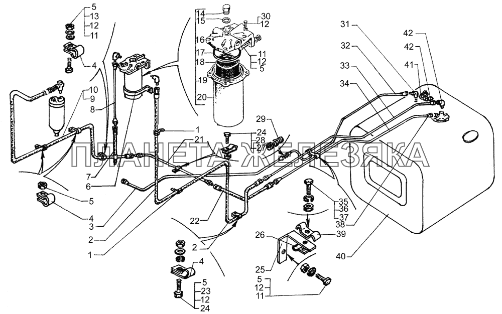 Топливные баки, топливопроводы и фильтр грубой очистки топлива автомобилей КрАЗ-65055-02, КрАЗ-65053-02 КрАЗ-65053-02