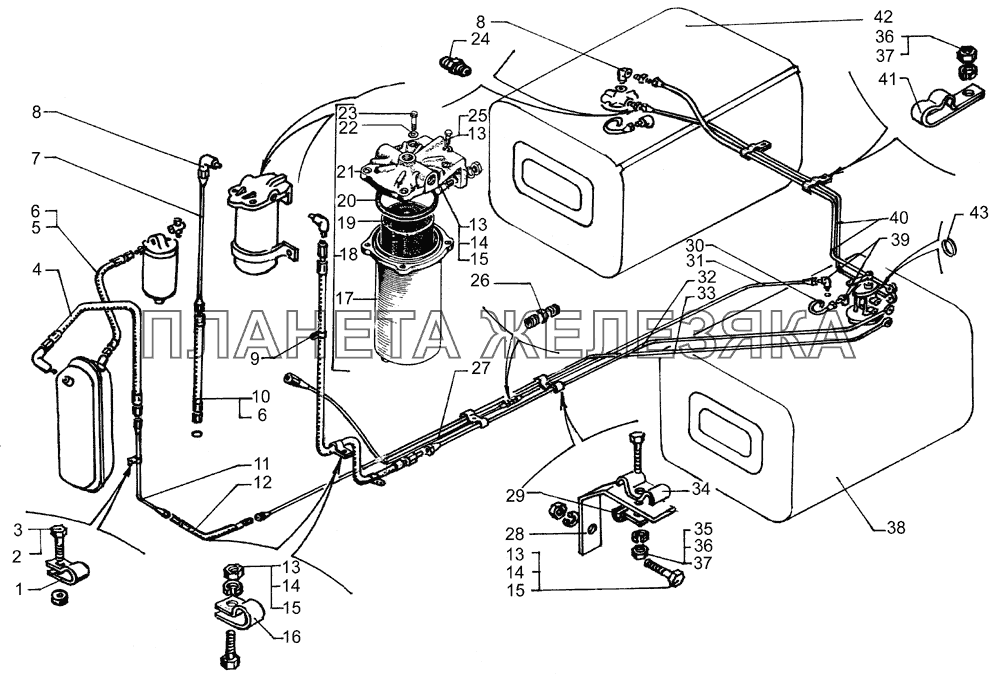 Топливные баки, топливопроводы и фильтр грубой очистки топлива автомобиля КрАЗ-64431-02 КрАЗ-64431-02