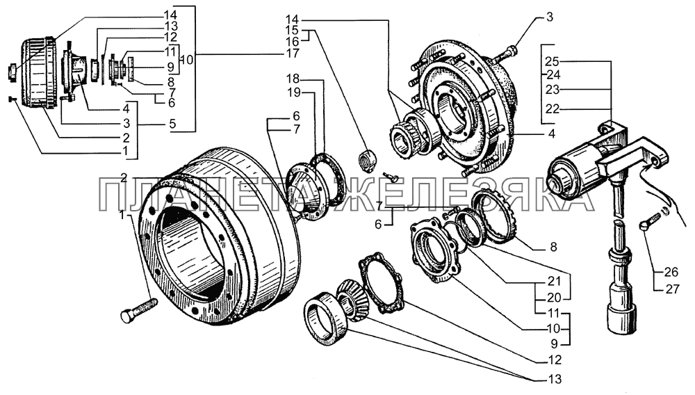 Ступицы и тормозные барабаны передних колес КрАЗ-65053-02