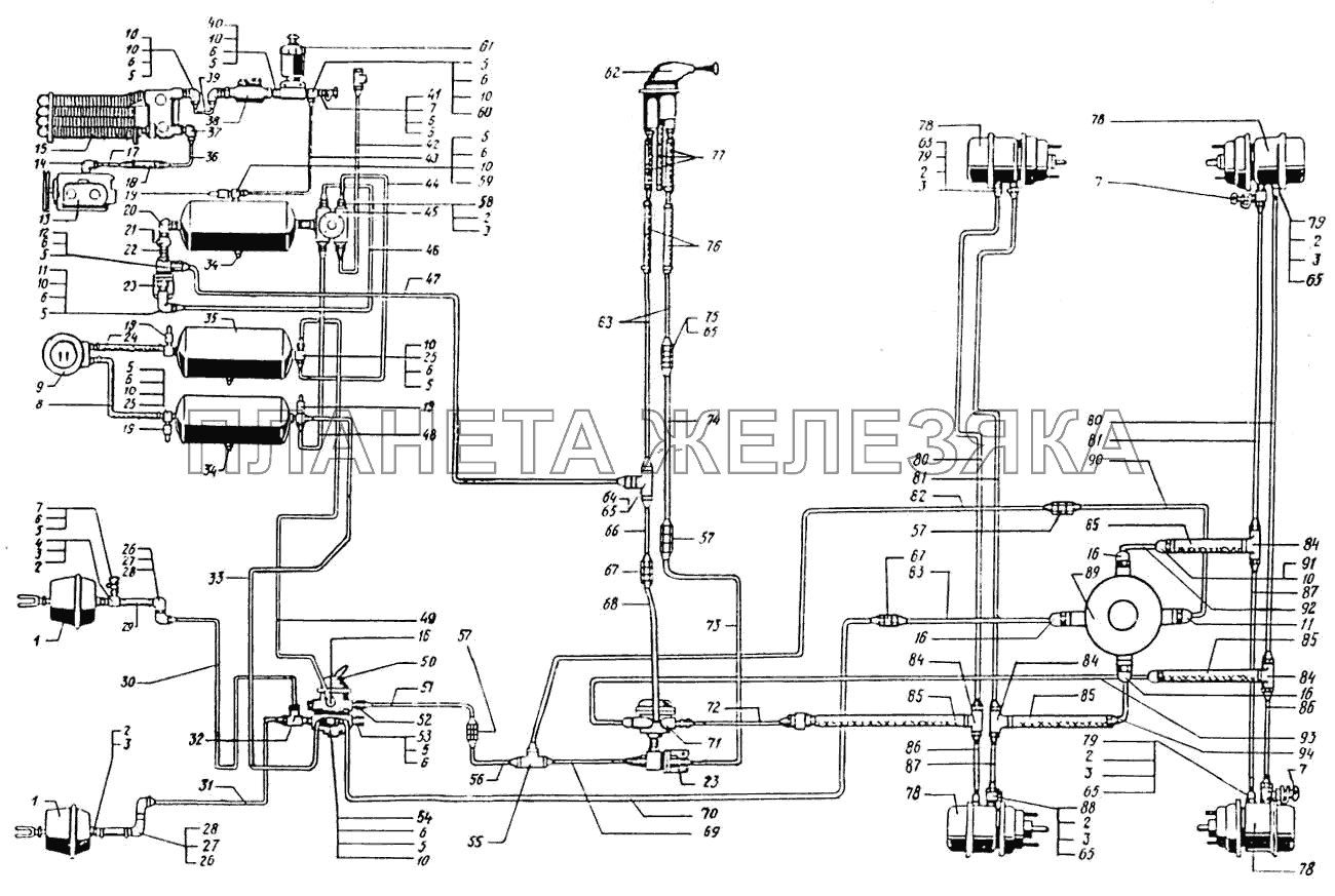 Воздухопроводы и аппараты тормозной системы автомобиля краз-65055 КрАЗ-65055